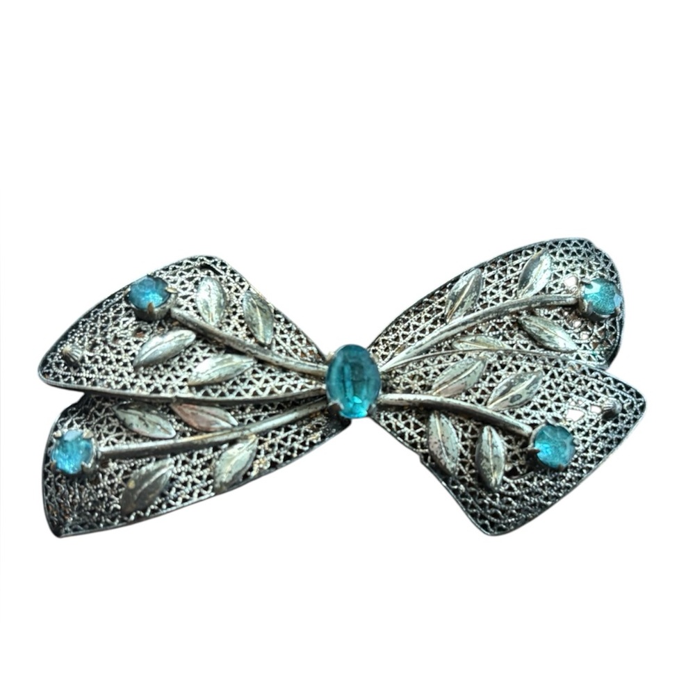 Vintage 30s 40s Filigree Metal Bow Brooch with Blue Accents